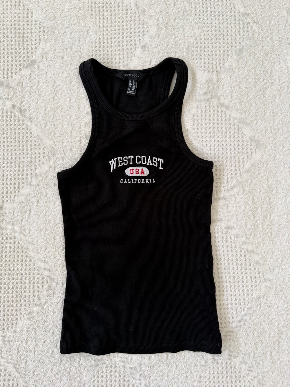 New Look Black Ribbed Racerback Tank with White & Red Embroidery